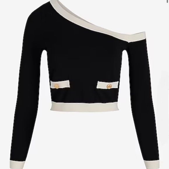 tipped off shoulder novelty button cropped sweater - Picture 1 of 8